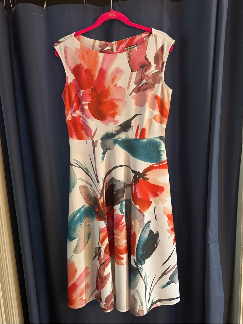 Sleeveless Floral Fit-and-Flare Dress White w/Coral and Teal Accents w/pockets